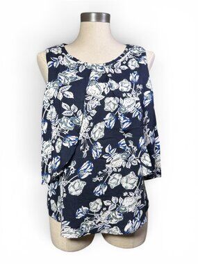 FRAICHE BY J Sleeveless Blouse Sz S Navy Blue White Floral Ruffle Keyhole Rayon